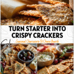 Assorted sourdough crackers made from starter discard served with dips and cheeses on a rustic wooden platter